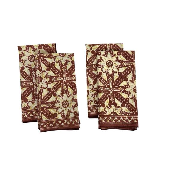 Napkins Cloth Set of 4 Batik Brown Beige Floral Cotton 17x17 Dinner Table - Picture 1 of 12